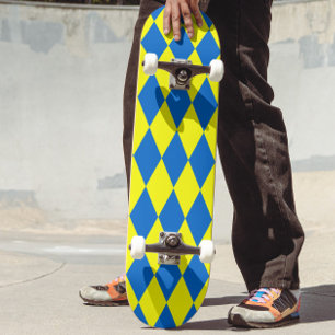 Blue Yellow Harlequin Checkered Design  Skateboard