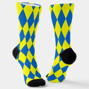 Blue Yellow Harlequin Checkered Design  Socks