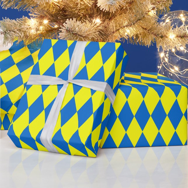 Blue Yellow Harlequin Checkered Design  Wrapping Paper (Creator Uploaded)