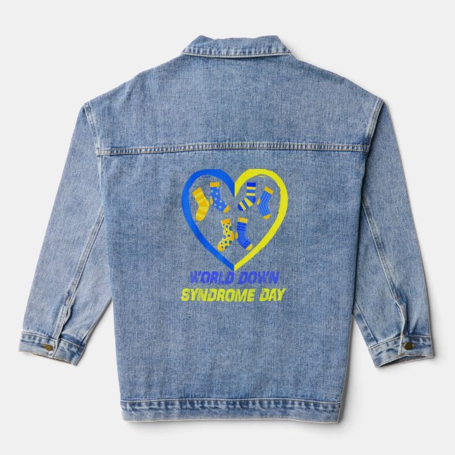 Blue Yellow Heart 21 World Down Syndrome Awareness Denim Jacket (Back)