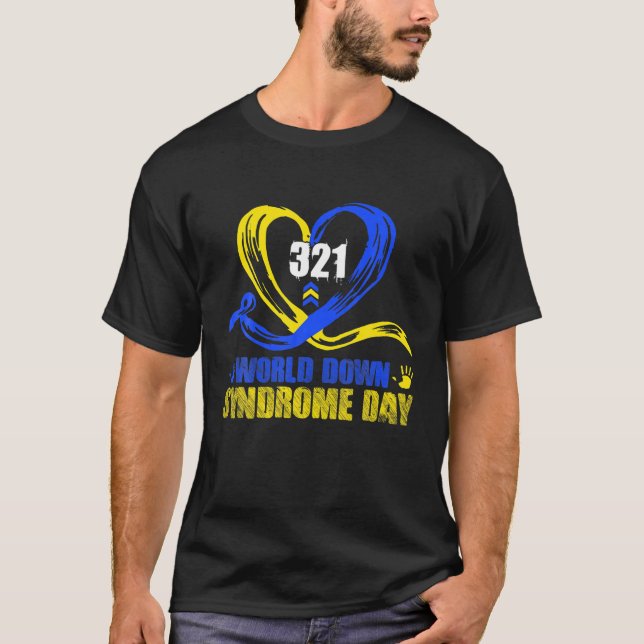 Blue Yellow Heart 21 World Down Syndrome Awareness T-Shirt (Front)