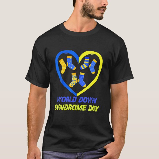 Blue Yellow Heart 21 World Down Syndrome Awareness T-Shirt (Front)
