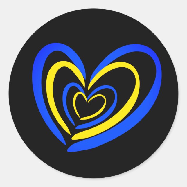 Blue & Yellow Hearts on Black Ukriane Inspirations Classic Round Sticker (Front)