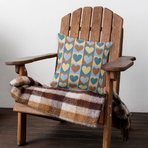 Blue Yellow Hearts Rustic Pattern Cushion