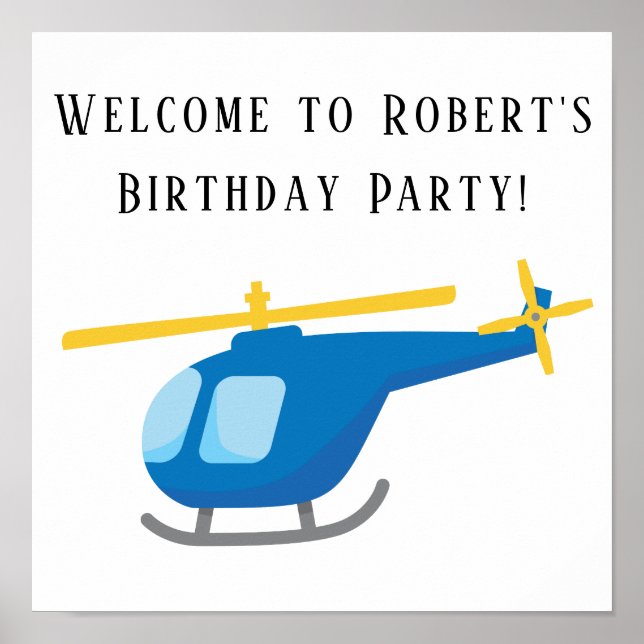 Blue Yellow Helicopter Birthday Party Poster (Front)