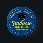 Blue Yellow High School Graduate Custom Name Tag 6 Cm Round Badge<br><div class="desc">This modern blue and yellow custom senior graduate button features classic typography of your high school or college name for the class of 2025. Customise with your graduating year under the chic handwritten script and black grad cap for a great personalised graduation name tag for a party or alumni homecoming...</div>
