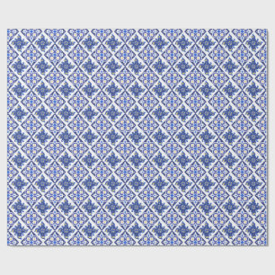 Blue Yellow Italian Tiles Pattern Bridal Shower Wrapping Paper