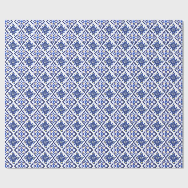 Blue Yellow Italian Tiles Pattern Bridal Shower Wrapping Paper (Flat)