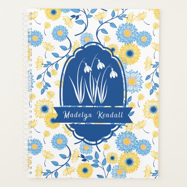 Blue & Yellow Laurentian Floral Custom Name Planner (Front)
