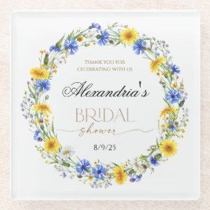 Blue Yellow Lavender Wildflower Wreath Thank you Glass Coaster