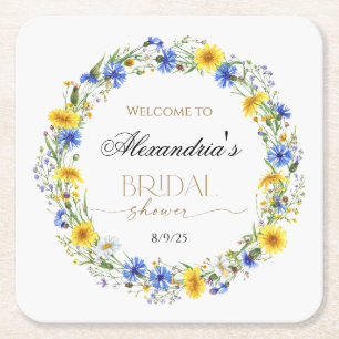 Blue Yellow Lavender Wildflower Wreath Welcome Square Paper Coaster