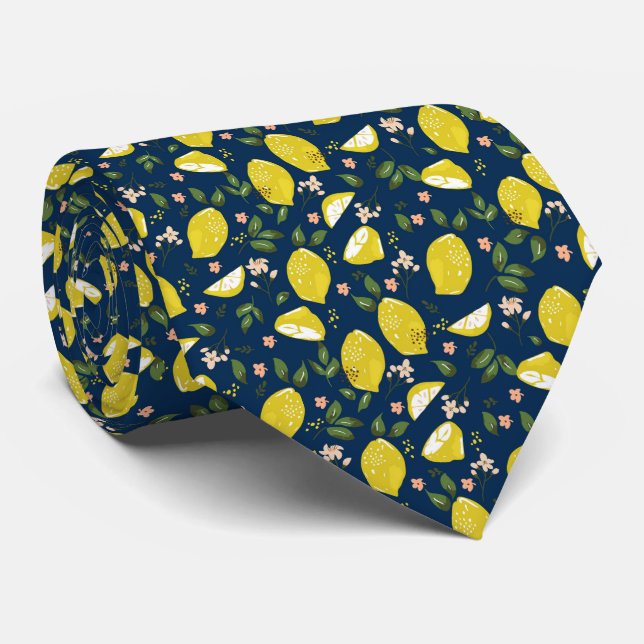 Blue yellow lemon fruit bright summer tie (Rolled)