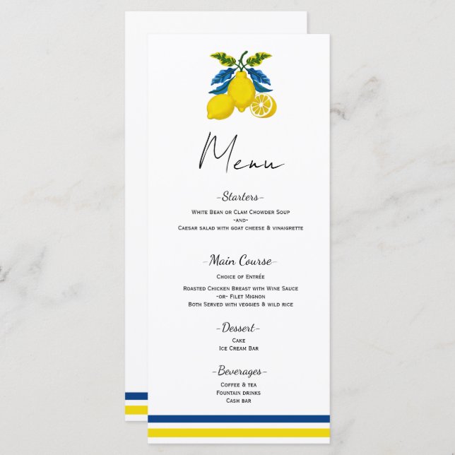 Blue Yellow Lemon Mediterranean Wedding Menu (Front/Back)