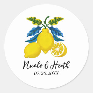 Blue Yellow Lemon Watercolor Mediterranean Wedding Classic Round Sticker