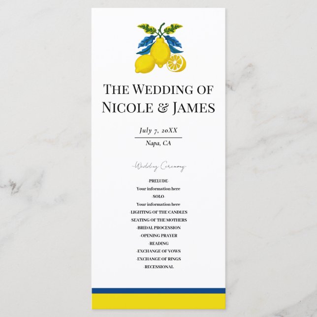 Blue Yellow Lemon Watercolor Mediterranean Wedding Program (Front)