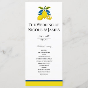 Blue Yellow Lemon Watercolor Mediterranean Wedding Program