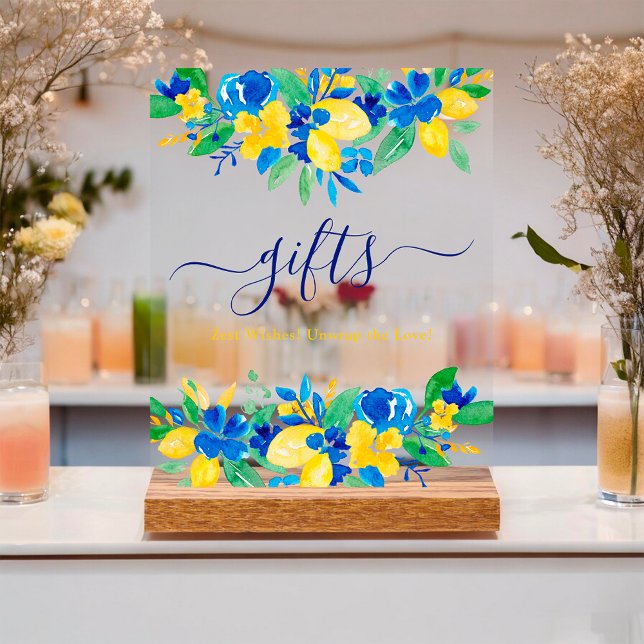 Blue yellow lemons floral gifts bridal shower acrylic sign (Blue yellow lemons floral gifts bridal shower acrylic sign)