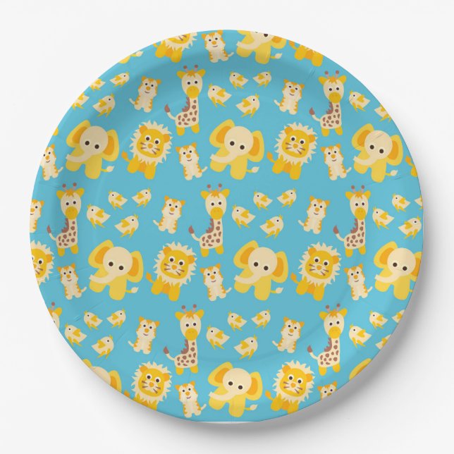 Blue Yellow Lions Elephants Safari animals Paper Plate (Front)