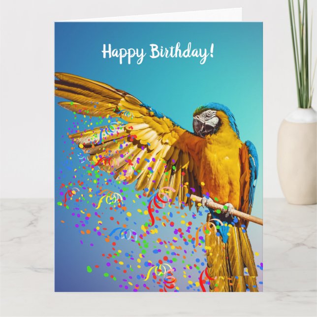 Blue & Yellow Macaw Throws Confetti       Card (Front)