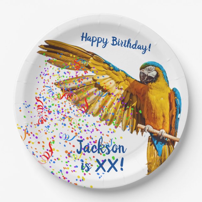 Blue & Yellow Macaw Throws Confetti      Paper Plate (Front)