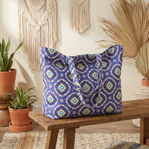 Blue Yellow Mediterranean Azulejos Mosaic Pattern Fabric