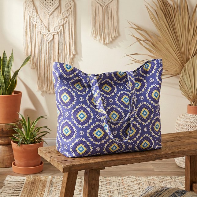 Blue Yellow Mediterranean Azulejos Mosaic Pattern Fabric (Creator Uploaded)