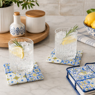 Blue Yellow Mediterranean Tile Kitchen Glass Coaster