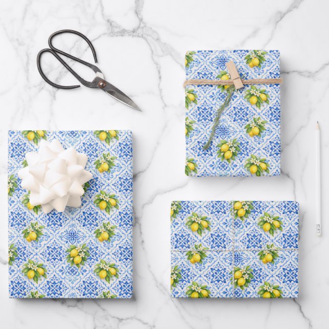 Blue Yellow Mediterranean Tile Lemons Italian  Wrapping Paper Sheet (Front)