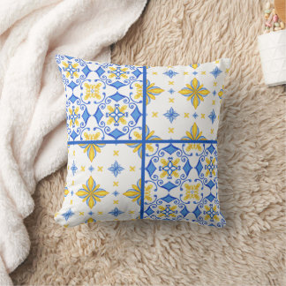 Blue Yellow Mediterranean Tile Patchwork Cushion