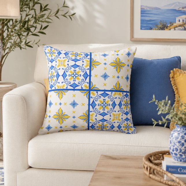 Blue Yellow Mediterranean Tile Patchwork  Cushion (Creator Uploaded)
