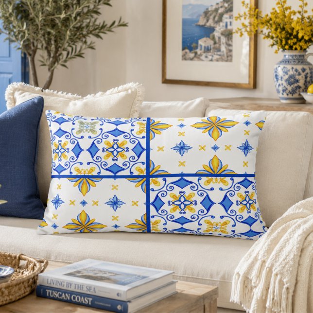 Blue Yellow Mediterranean Tile Patchwork  Decorative Cushion (Creator Uploaded)