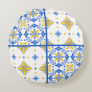 Blue Yellow Mediterranean Tile Patchwork Round Cushion