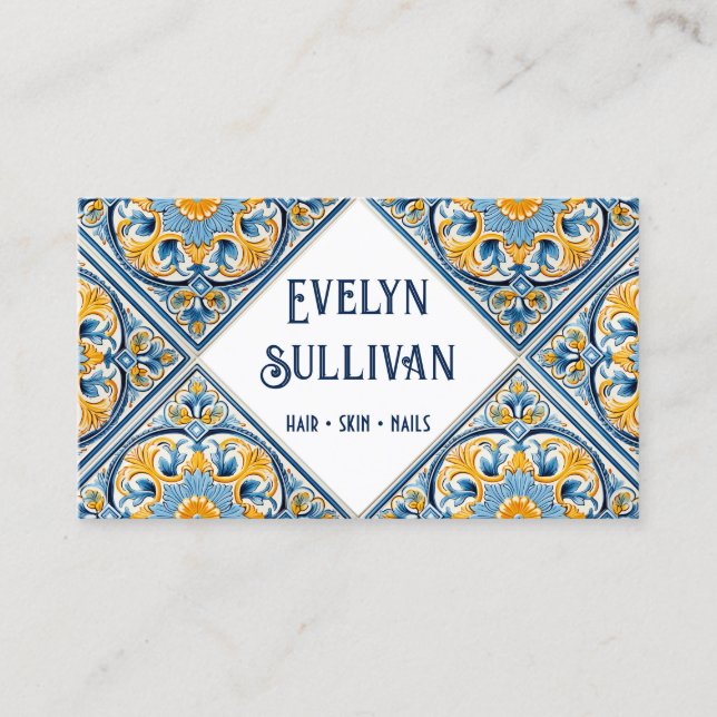 Blue yellow mediterranean tiles business card (Front)
