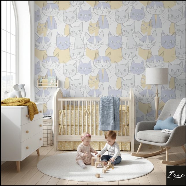 Blue Yellow Mid-Century Abstract Cat Pattern Wallpaper (Creator Uploaded)