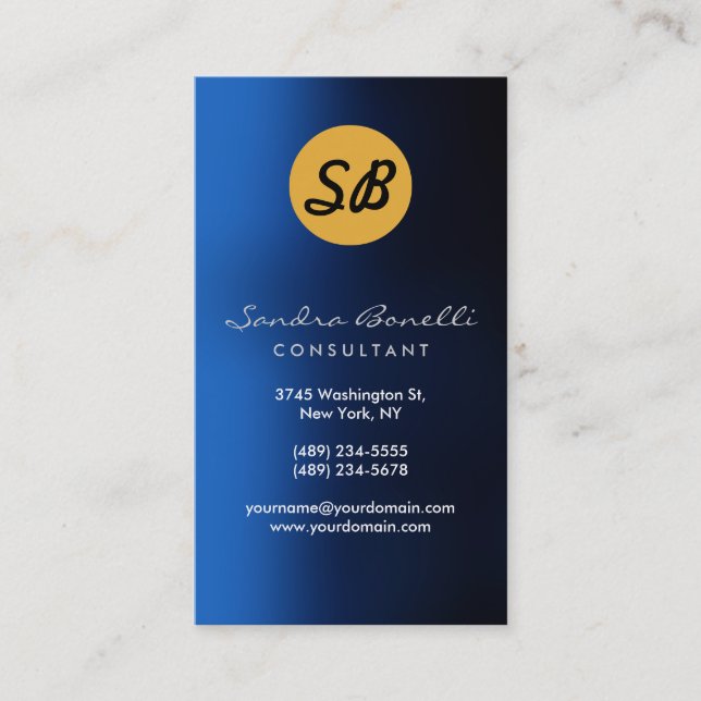 Blue Yellow Monogram Business Card (Front)