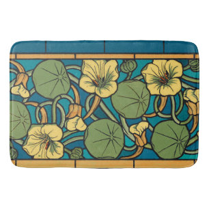 Blue Yellow Nasturtium Flower Nouveau Pattern Bath Mat