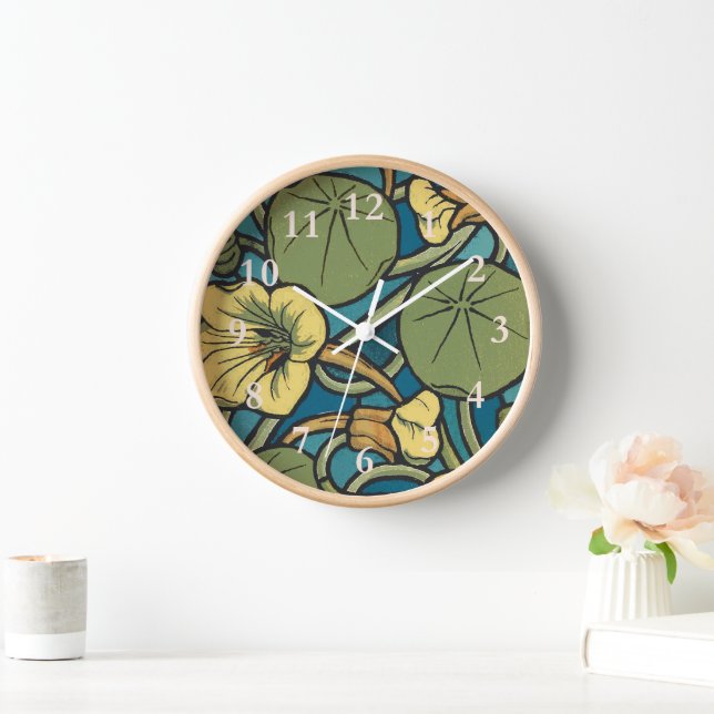 Blue Yellow Nasturtium Flower Nouveau Pattern Clock (Home)