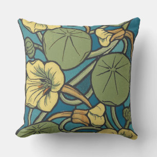Blue Yellow Nasturtium Flower Nouveau Pattern Cushion