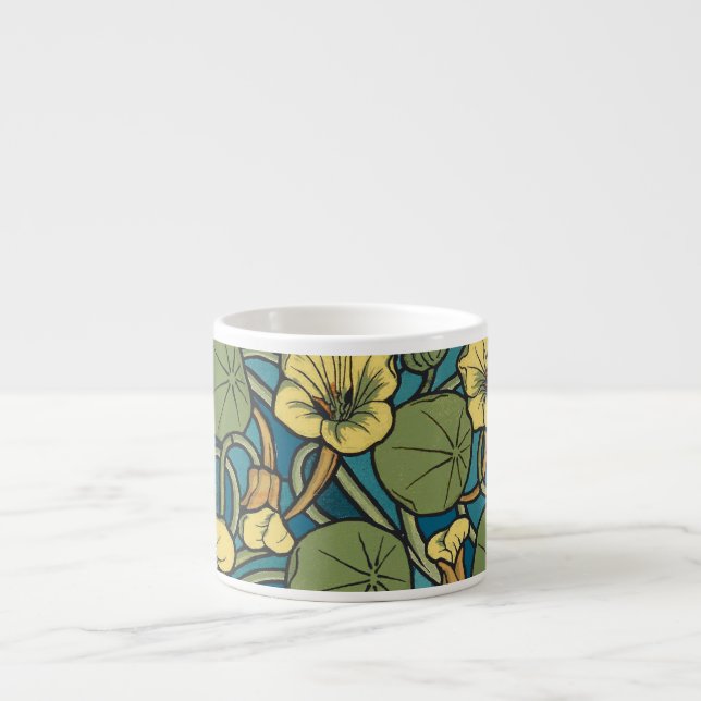 Blue Yellow Nasturtium Flower Nouveau Pattern Espresso Cup (Front)