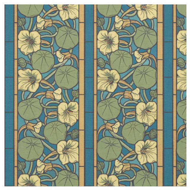 Blue Yellow Nasturtium Flower Nouveau Pattern Fabric (Close Up)