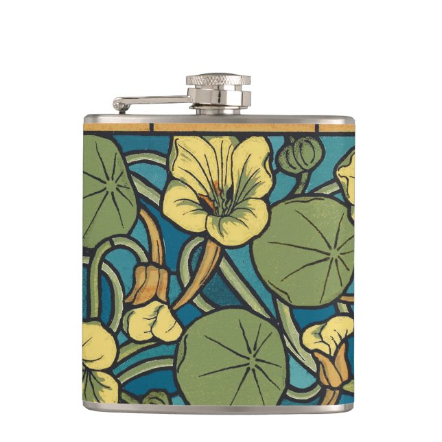 Blue Yellow Nasturtium Flower Nouveau Pattern Hip Flask (Front)