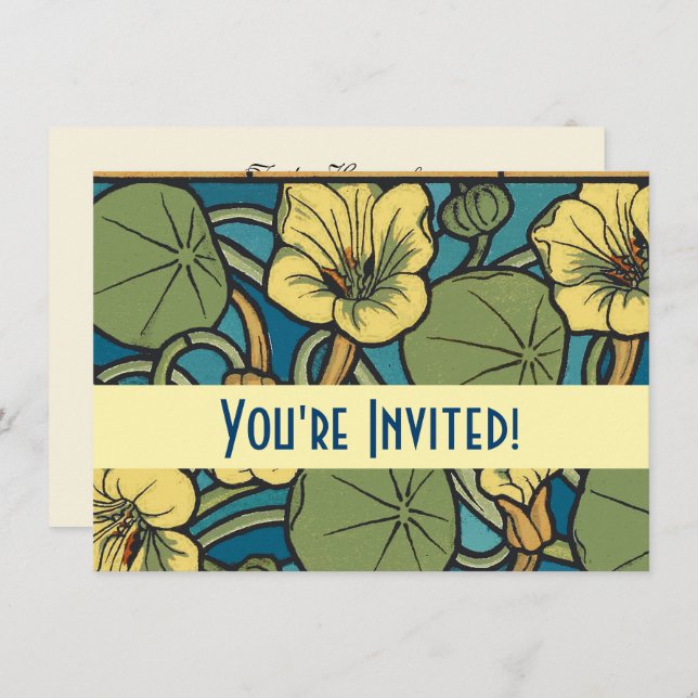 Blue Yellow Nasturtium Flower Nouveau Pattern Invitation (Front/Back)