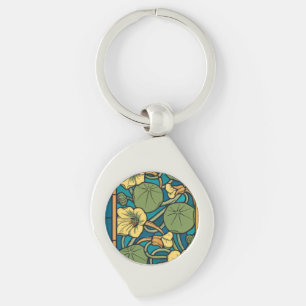 Blue Yellow Nasturtium Flower Nouveau Pattern Key Ring