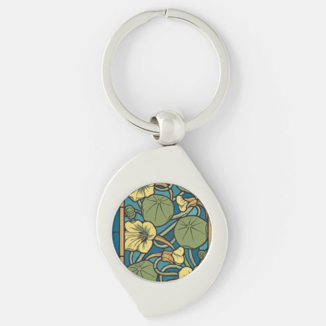 Blue Yellow Nasturtium Flower Nouveau Pattern Key Ring (Front)