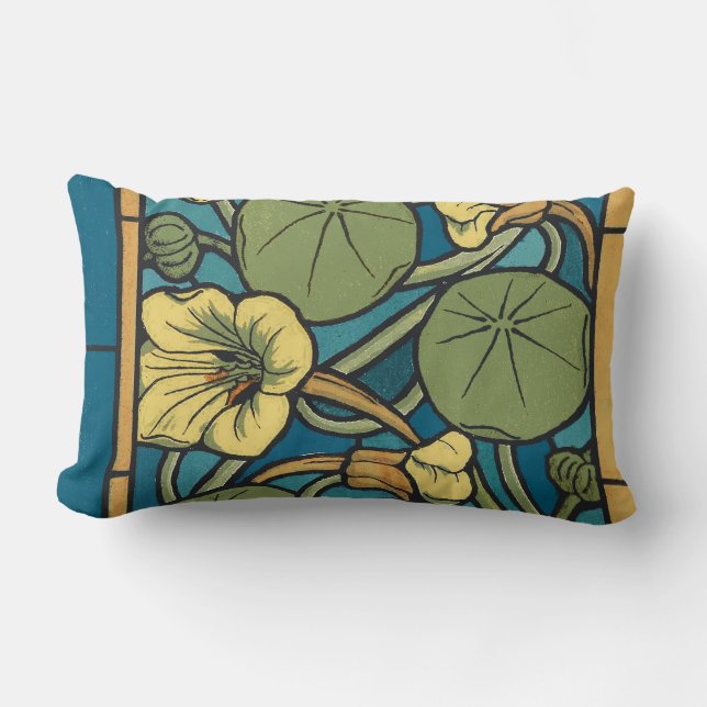 Blue Yellow Nasturtium Flower Nouveau Pattern Lumbar Cushion (Front)