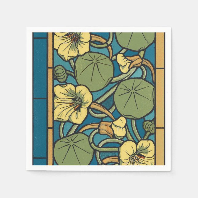 Blue Yellow Nasturtium Flower Nouveau Pattern Napkin (Front)