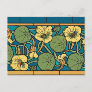 Blue Yellow Nasturtium Flower Nouveau Pattern Postcard