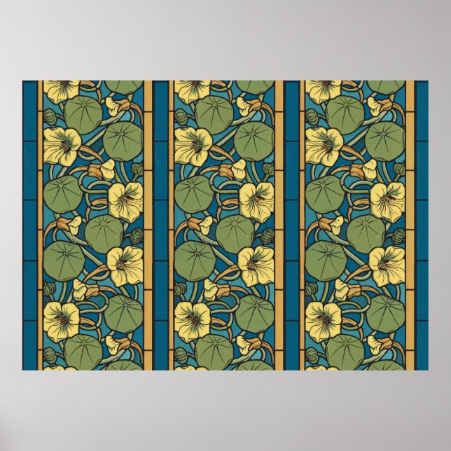 Blue Yellow Nasturtium Flower Nouveau Pattern Poster (Front)