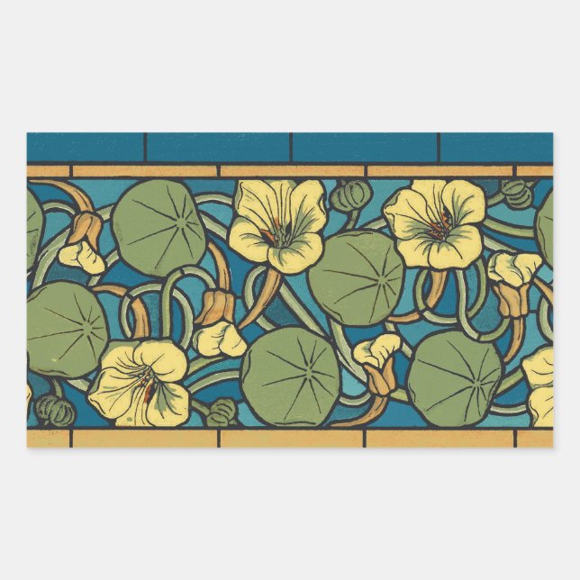 Blue Yellow Nasturtium Flower Nouveau Pattern Rectangular Sticker (Front)