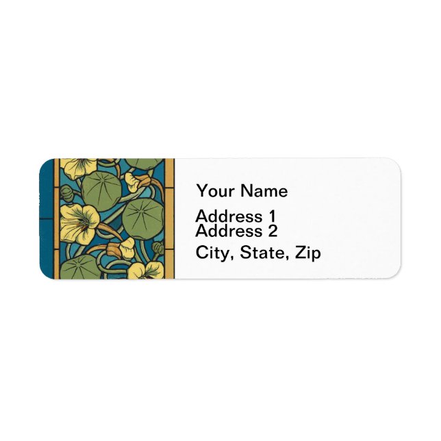 Blue Yellow Nasturtium Flower Nouveau Pattern Return Address Label (Front)